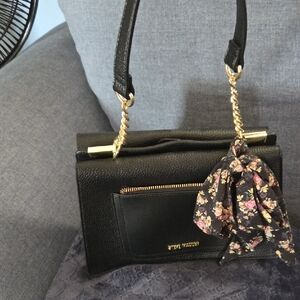 Steve Madden Black Bag with Floral Scarf and Gold Chain